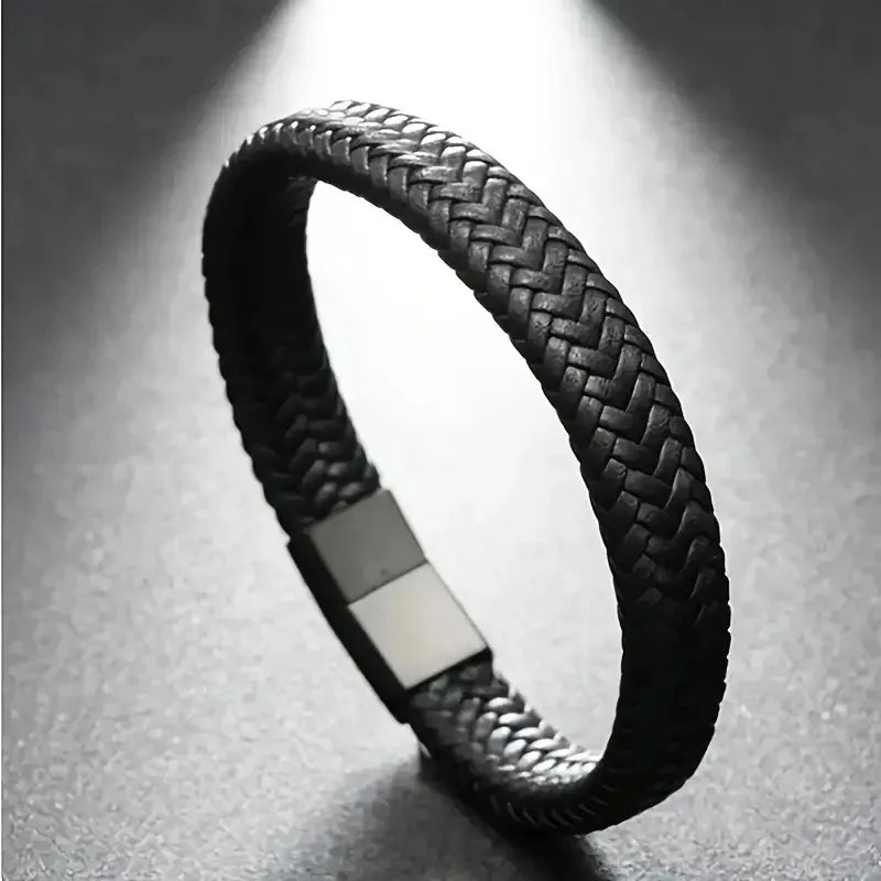 Minimalist Black Braided Leather Wrap Bracelet – Men's Infinity Bracelet with Magnetic Buckle