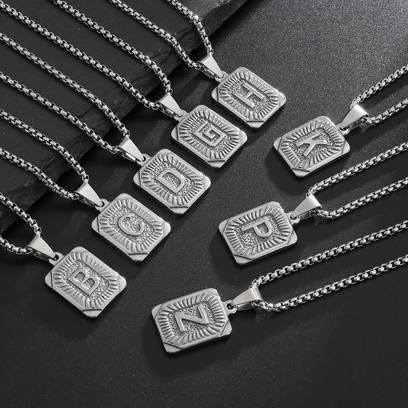 Silver Alphabet Initial A-Z Pendant Necklace – Stainless Steel Cuban Curb Chain for Men, Women, Girls & Couples Gift