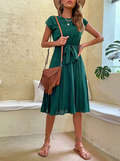 Elegant Women's Summer Casual Beach Short Sleeve Pleated Midi Dress