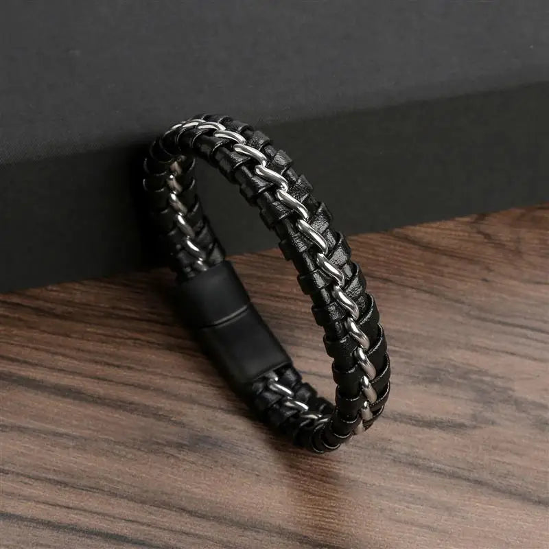 Jiayiqi Punk Men Jewelry Black/Brown Braided Leather Bracelet Stainless Steel Magnetic Clasp Fashion Bangles Gift 18.5/22/20.5cm