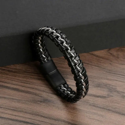 Jiayiqi Punk Men Jewelry Black/Brown Braided Leather Bracelet Stainless Steel Magnetic Clasp Fashion Bangles Gift 18.5/22/20.5cm