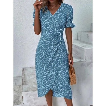 Elegant Floral Pleated H-shaped Midi Dress V Neck Summer Dresses for Women