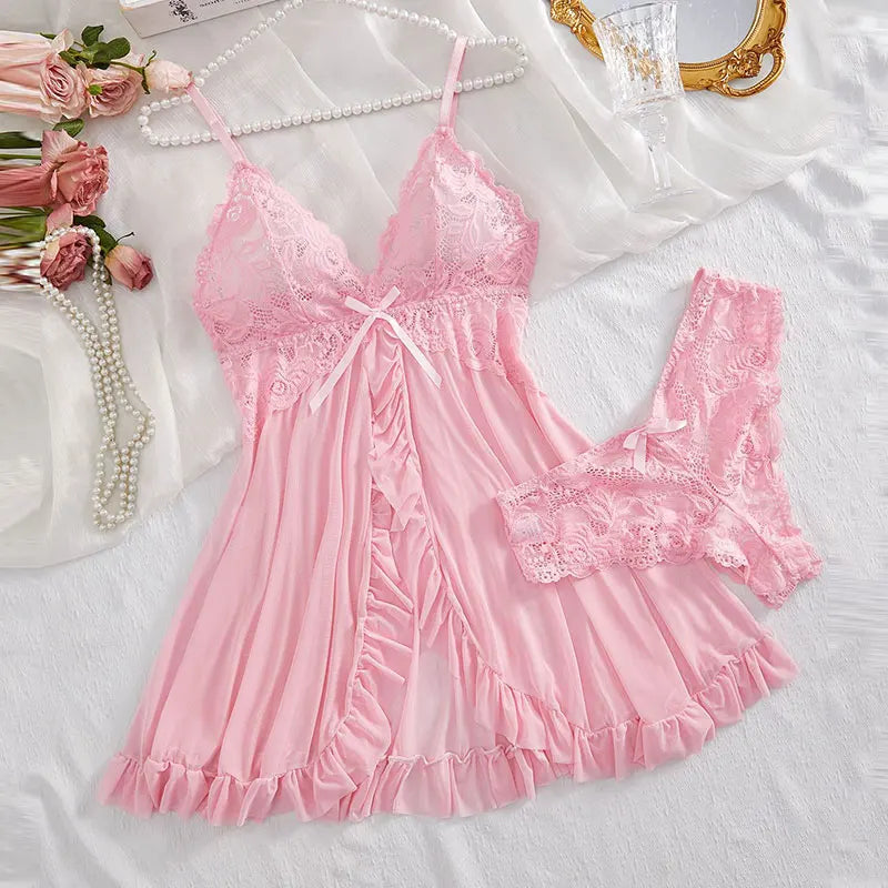 Ultra Sexy Tulle Nightgown Set – V-Neck Sheer Lingerie with Bra & Skirt