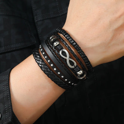 6/4PCS PU Leather Braided Bracelet for Men with Wood Beads - Vintage Fashion Armband