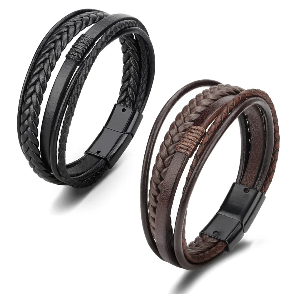 Trendy Leather Bracelets for Men – Stainless Steel Multilayer Braided Rope Jewelry