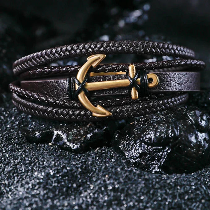 Stainless Steel with Leather Men's Anchor Bracelet