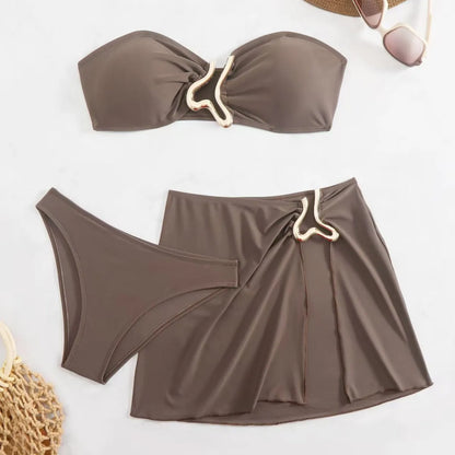 Solid Strapless Bikini 3 Piece Set Women Metal Split Swimsuit High Waist Beach Skirt New Summer Swimwear Bikini Set