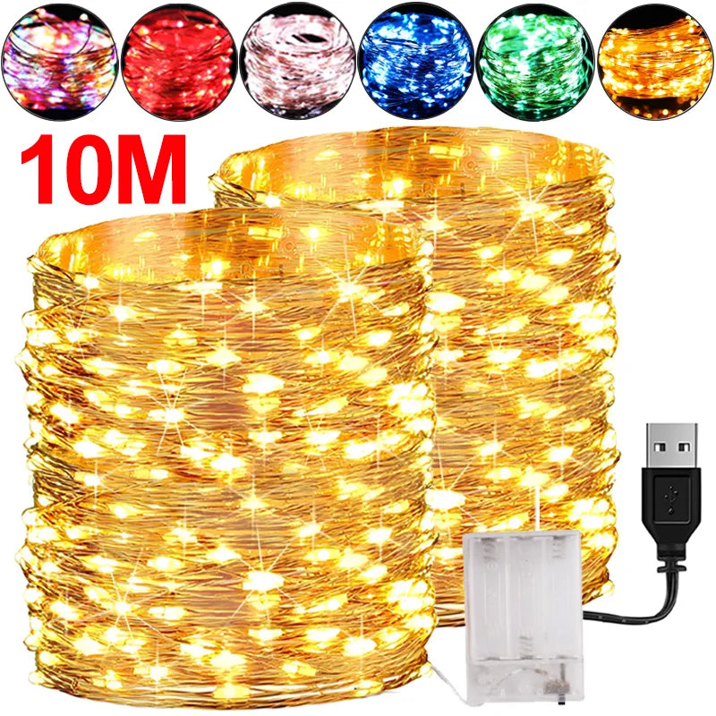 5/10M Copper Wire LED Lights String USB/Battery Waterproof Garland Decor Holiday Light