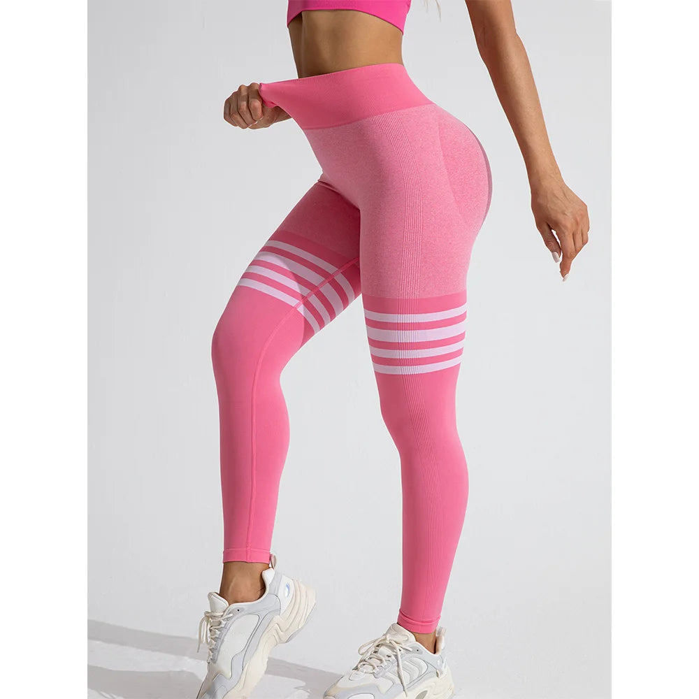 High Waist and Tummy Control Women Seamless Stripe Yoga Leggings