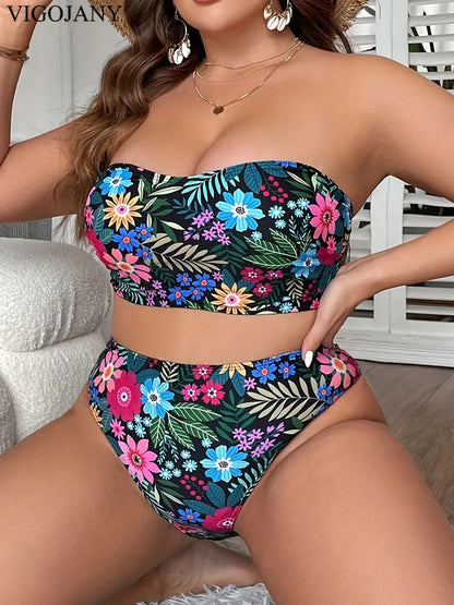 VigoJany Print Bandeau 2 Piece Plus Size Bikini Set for Women – High Waist Push-Up Swimsuit