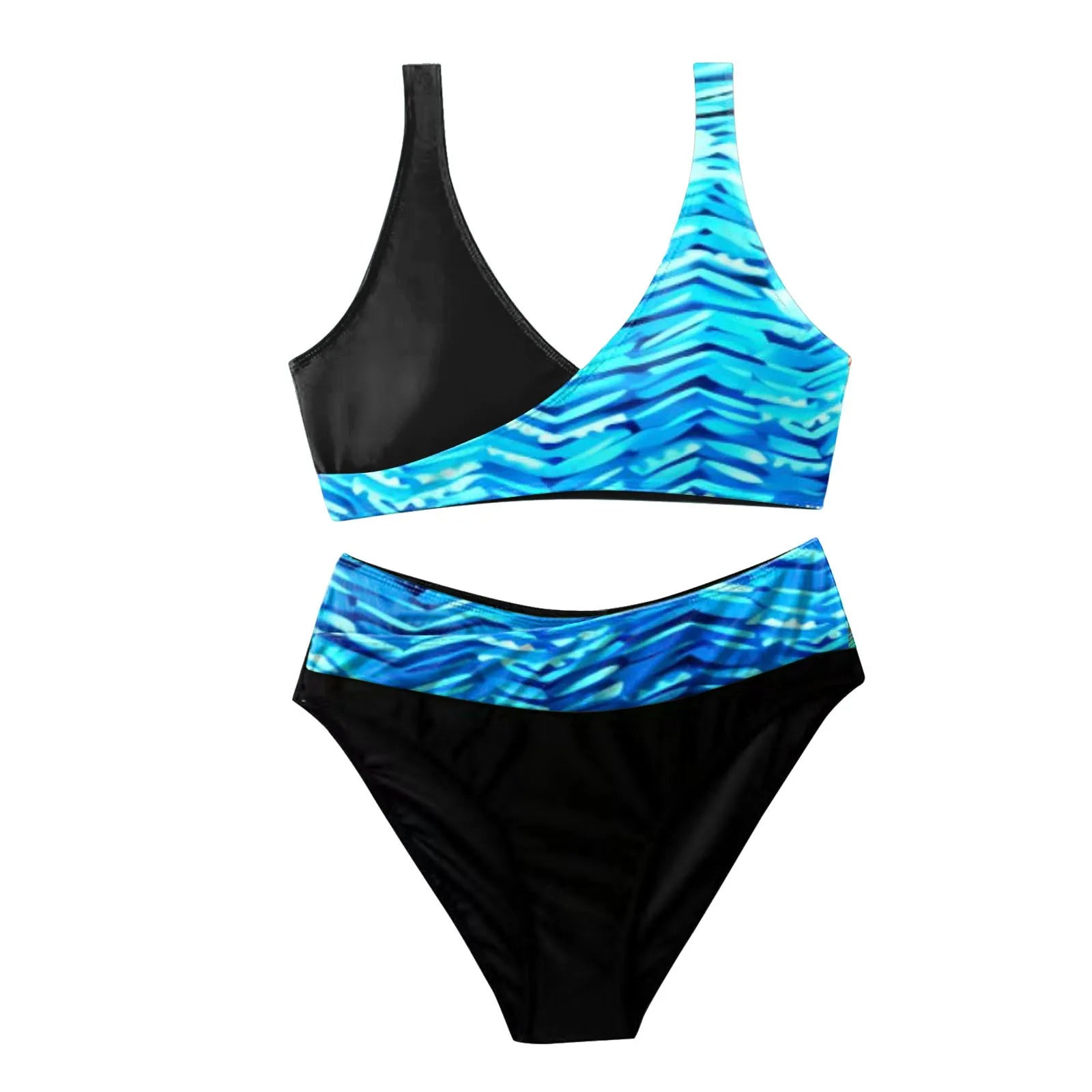 Two-piece swimsuit with black and blue wave pattern