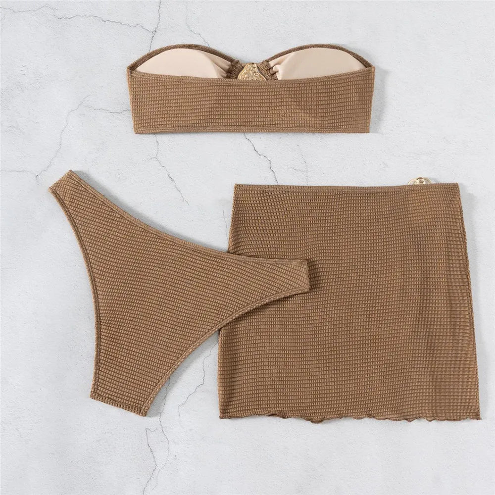 Brown Color Strapless 3-Piece Bikini Set with Metal Buckle & Cover-Up for Women