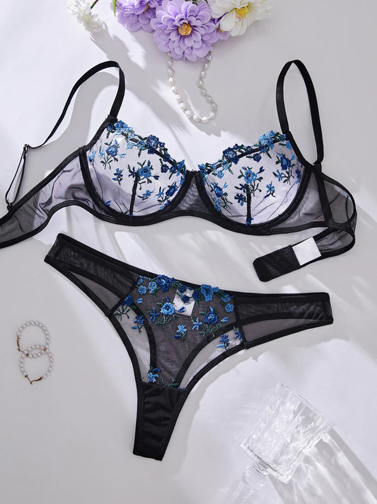 Semi-Sheer Floral Embroidered Bra & Panty Set – Elegant Sleepwear Lingerie