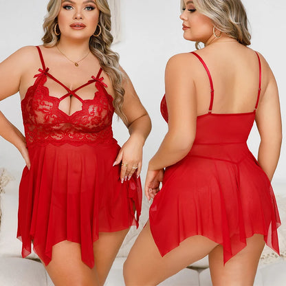 Plus Size Transparent Tulle Babydoll Dress - Erotic Lingerie with Thong