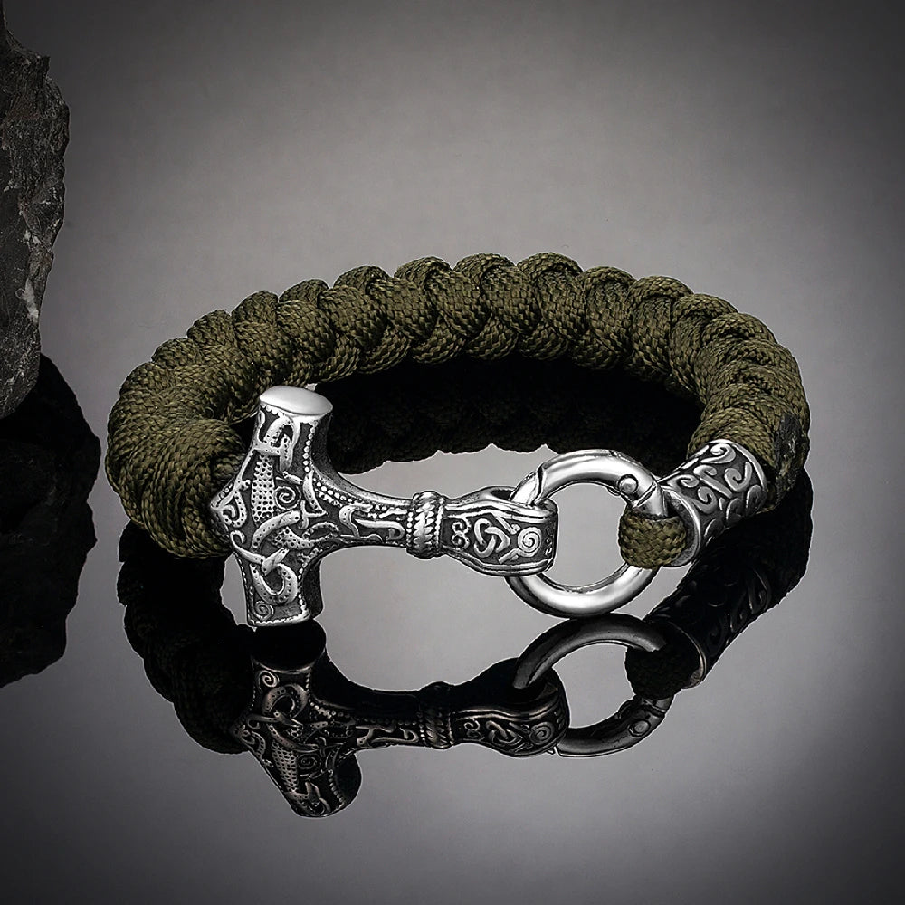 Handmade Viking Thor’s Hammer Survival Bracelet for Men