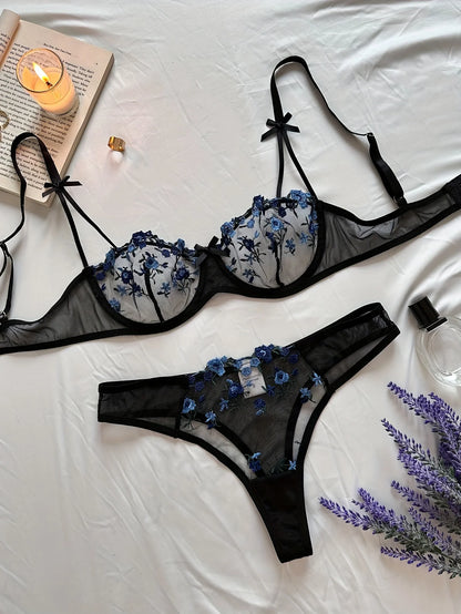 Night Beautiful Floral Embroidery Sexy Women's Lingerie Set