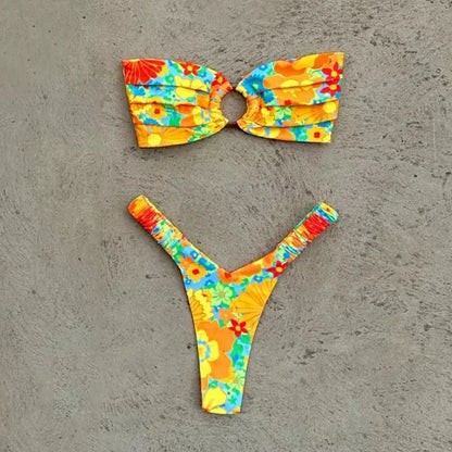 Printed Push-Up Bandeau Bikini Set – Brazilian Thong Swimwear