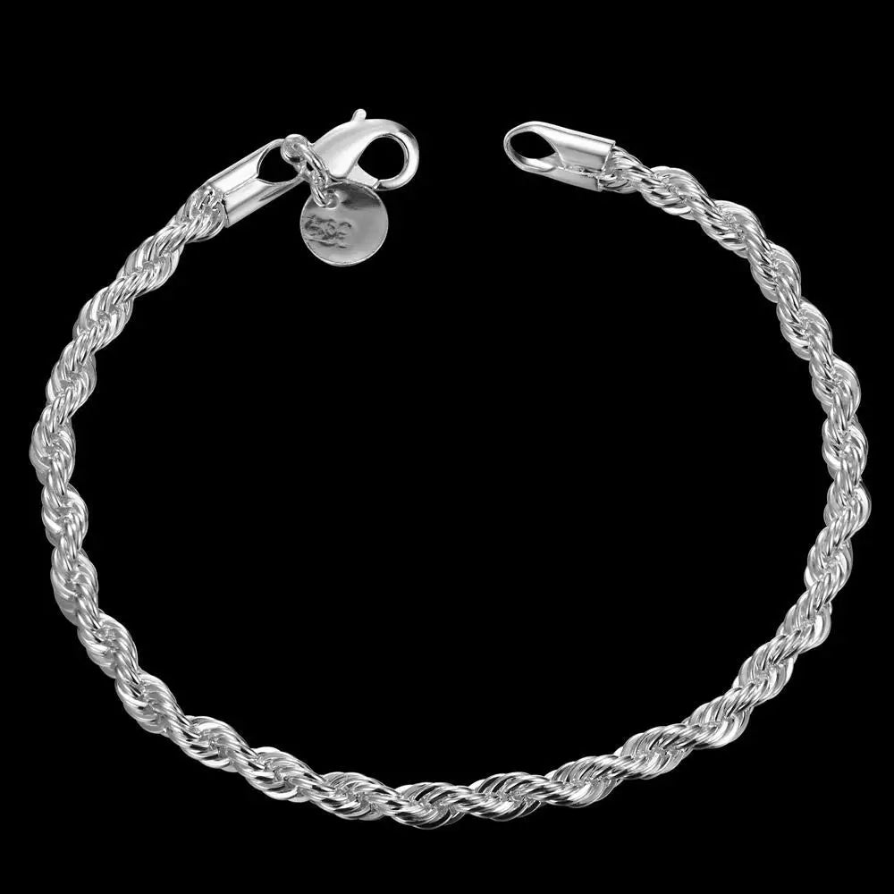 Hot Charms 4MM Twisted Rope Chain 925 Sterling Silver Bracelet