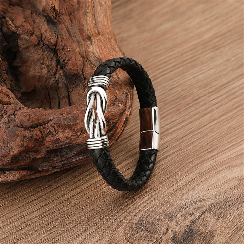 Men's Woven Genuine Leather Infinity Bracelet with Stainless Steel Charm – Fashionable Gift for Couples