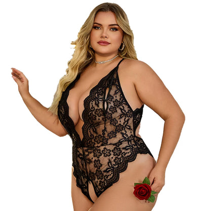 Plus Size Crotchless Lace Bodysuit - Provocative One-Piece Lingerie