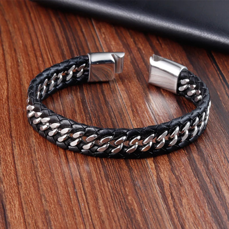 Braided Rope Woven Black Leather Bracelet for Men – Punk Style Stainless Steel Bangle