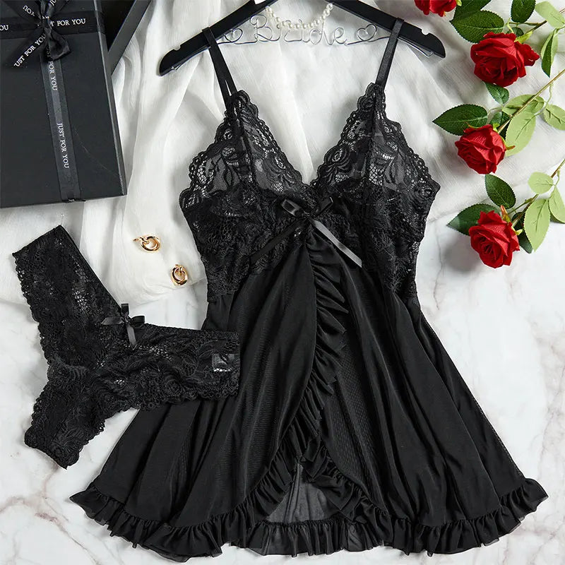 2-Piece Lace Nightgown Set – Green Transparent Nightdress with Bra & Panty