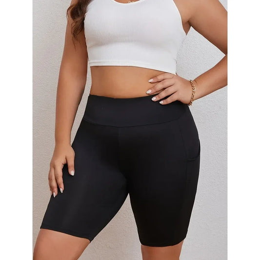 Fashion Women's Plus Size High Waisted Black Swim Shorts with Pockets (S-5XL)