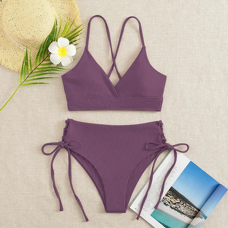 Cikini V-Neck Lace-Up Bikini Set