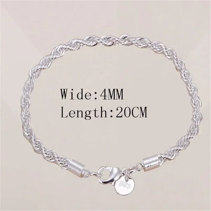 Fashion Silver Jewelry Gift High Quality 925 Silver Color 4MM Women Men Chain Male Twisted Rope Necklace Bracelets