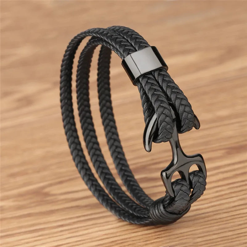 Vintage Stainless Steel Men’s Anchor Bracelet with Leather & Magnetic Closure