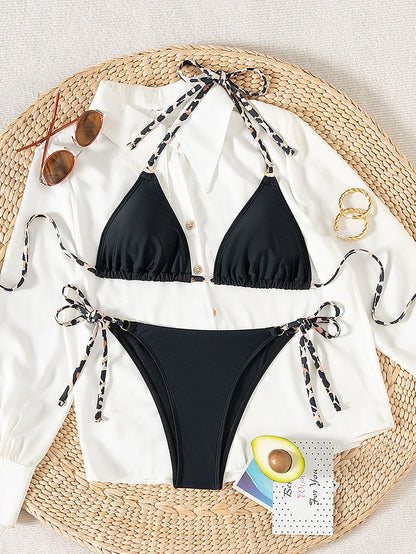Black bikini set with white cover-up