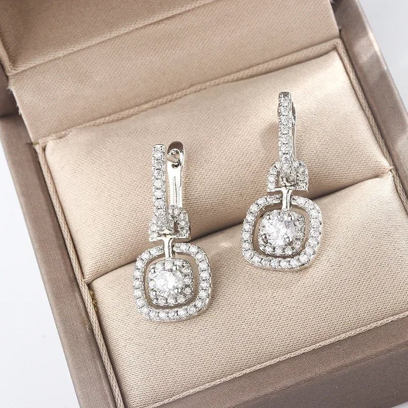 New Fashion Luxury Silver Square Drop Earrings Wedding Bridal Accessories Shining Zircon Elegant Women 925 Silver Jewelry