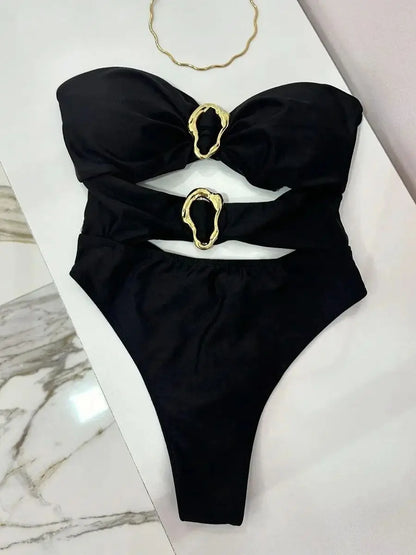 Bandeau One-Piece Swimsuit with Metal Ring Cut-Out – High Leg Design