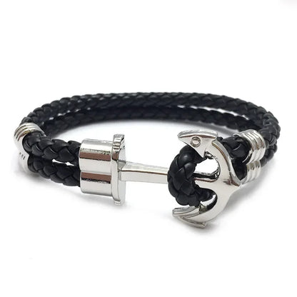 Fashion Alloy Anchor Bracelet for Men with Black Braided Cowhide Leather Rope