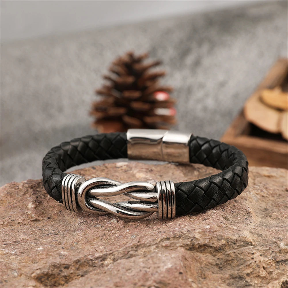 Men's Woven Genuine Leather Infinity Bracelet with Stainless Steel Charm – Fashionable Gift for Couples