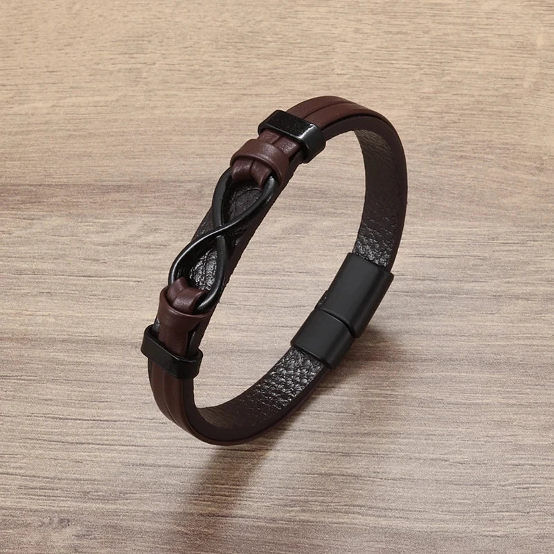 Classic Infinity Logo Single Layer Leather Bracelet with Magnetic Clasp for Men