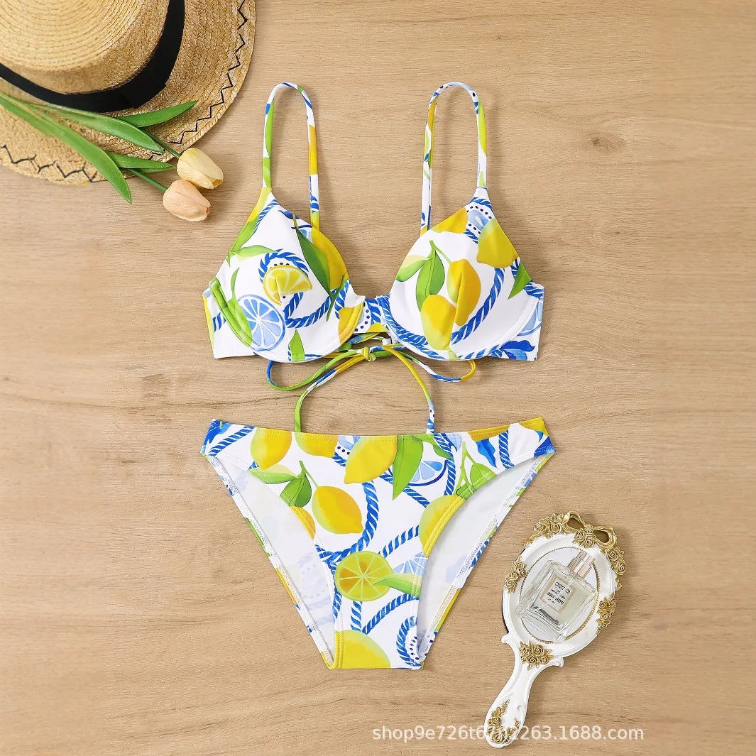 Lemon Print Triangle Bikini Set
