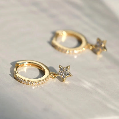 925 Silver Needle Star Hoop Earrings for Women Five-pointed Star and Moon Pendant Huggie Earrings Fashion Party Jewelry Gift