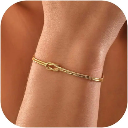 14K Gold Plated Love Knot Bracelet for Women with Adjustable Snake Chain