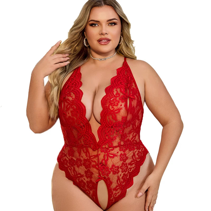 Plus Size Crotchless Lace Bodysuit - Provocative One-Piece Lingerie