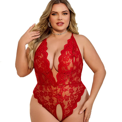 Plus Size Crotchless Lace Bodysuit - Provocative One-Piece Lingerie