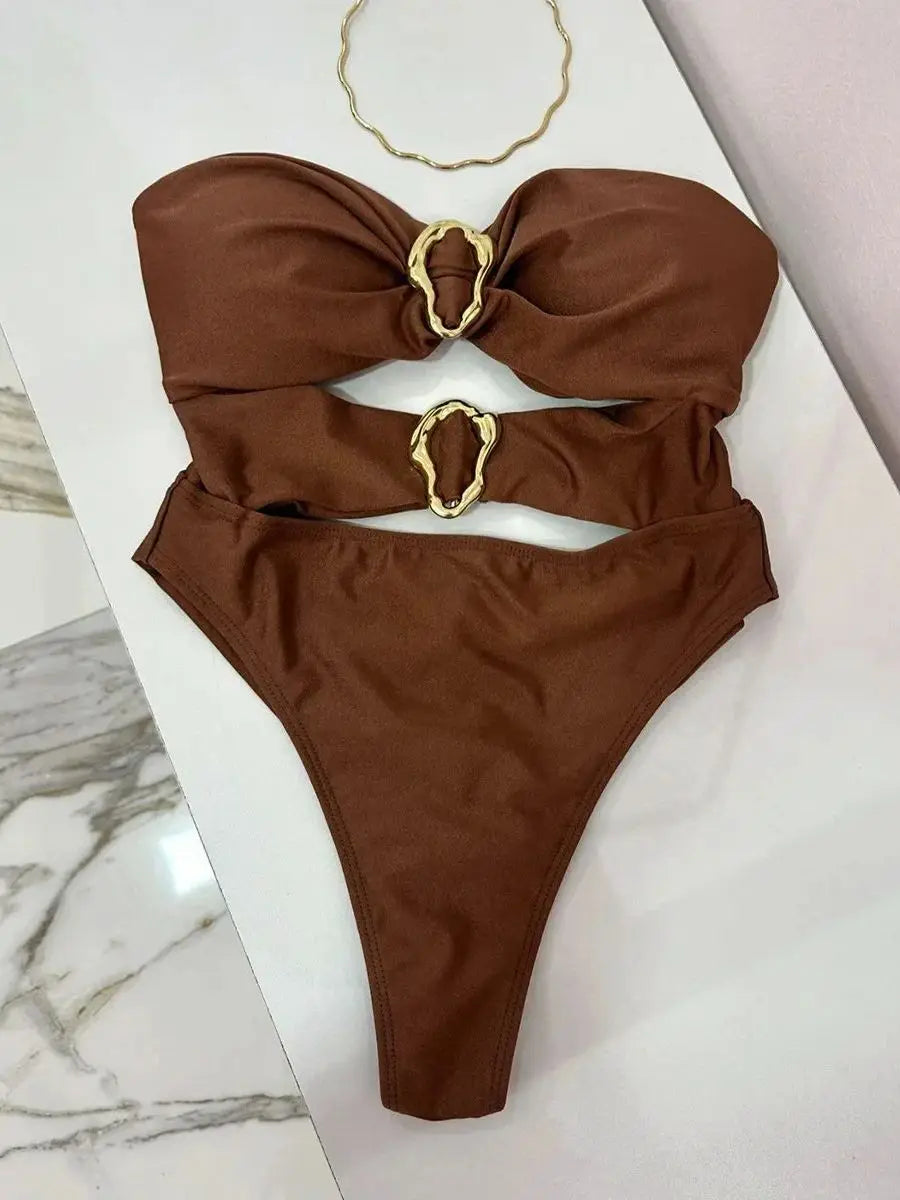 Bandeau One-Piece Swimsuit with Metal Ring Cut-Out – High Leg Design
