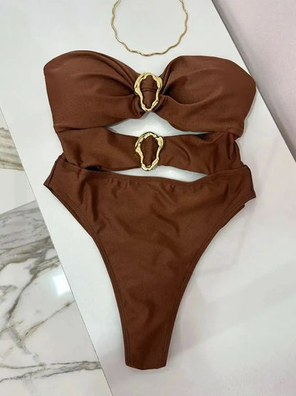 Bandeau One-Piece Swimsuit with Metal Ring Cut-Out – High Leg Design