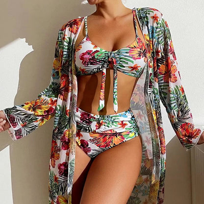 High Waisted Bikini 3 Pieces Floral Printed Swimsuit for Women