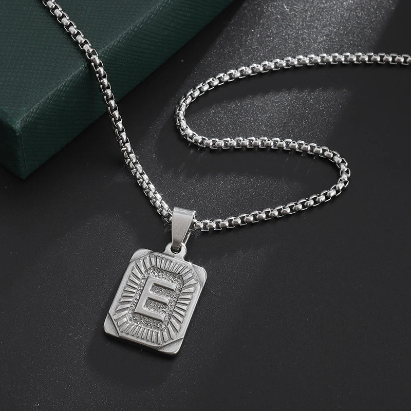 Silver Alphabet Initial A-Z Pendant Necklace – Stainless Steel Cuban Curb Chain for Men, Women, Girls & Couples Gift