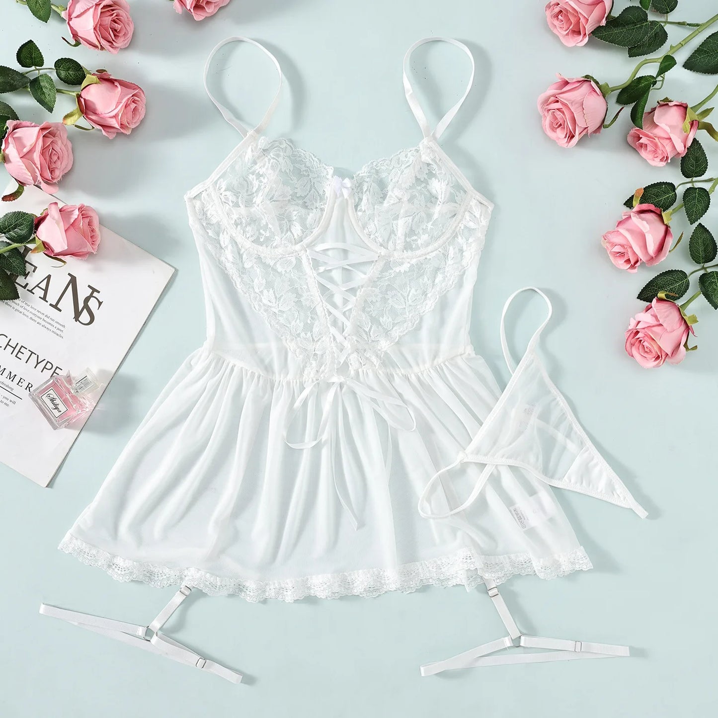 Women's Sexy Lace Bra and Panty Set with Garter