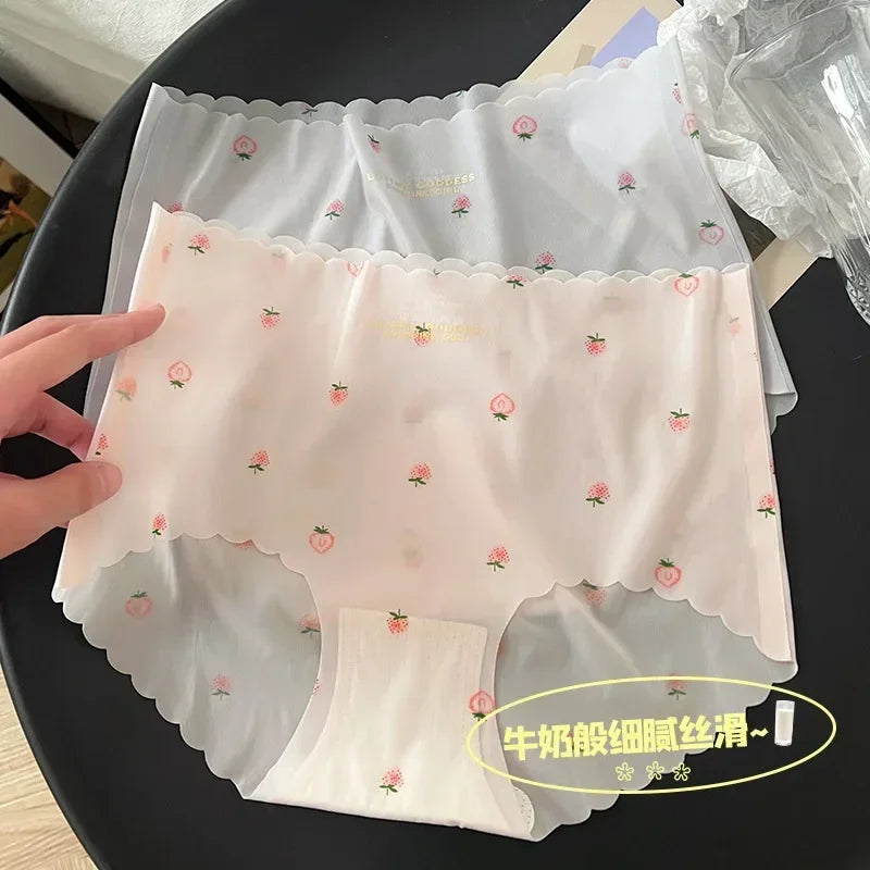 Strawberry Printed Low-Waist Panties – Soft Breathable Silk & Cotton Briefs