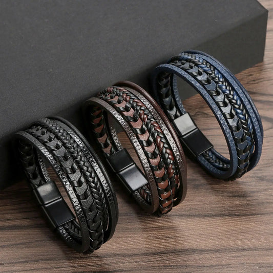 New Design Multilayer Braided Genuine Leather Bracelet for Men