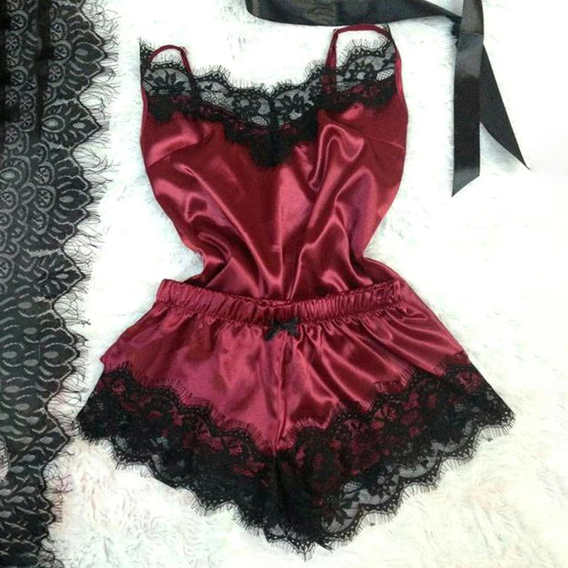 Fashion Nightwear Lace Trim Satin Cami Top Pajama Set