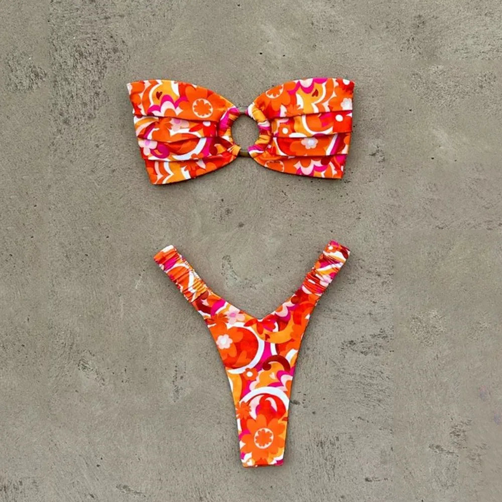 Printed Push-Up Bandeau Bikini Set – Brazilian Thong Swimwear